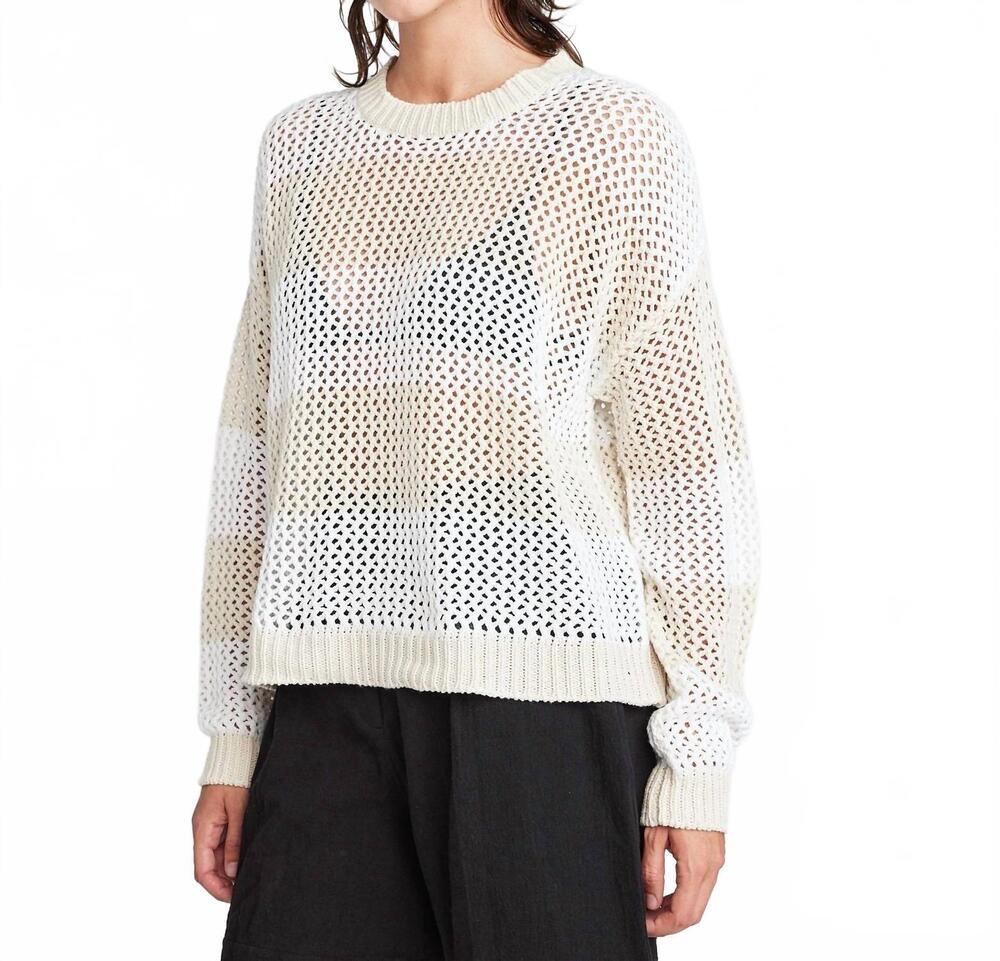 NEW SELF CONTRAST alanna long sleeve fishnet sweater in almond/milk stripes